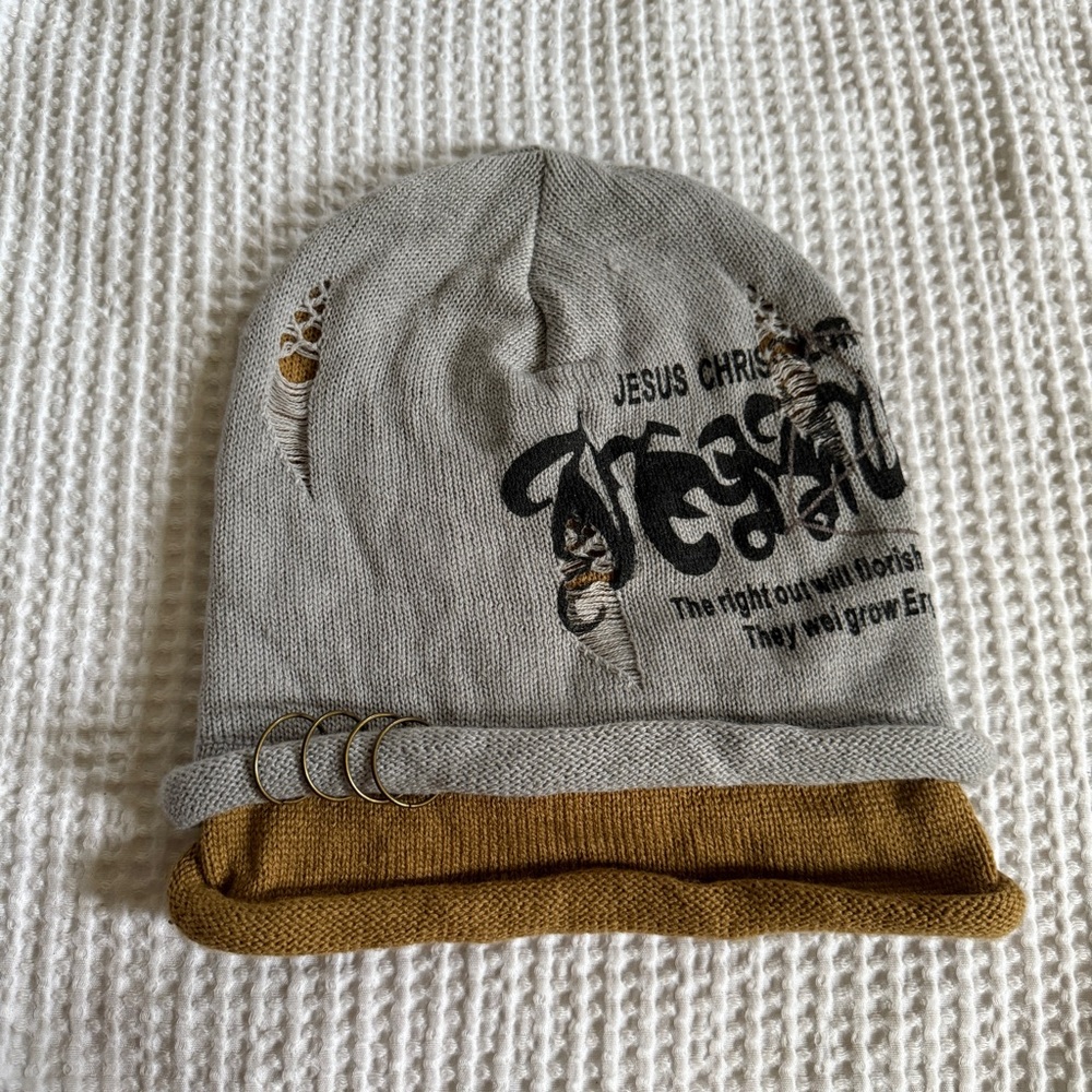 Jesus Christ hat Gray and Brown Graphic Beanie